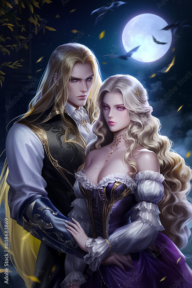 Beautiful fantasy couple, aristocrats, drawing, digital processing, magic, Victorian style, realistic photos, enemies and lovers, night, flowers, castle, garden Beautiful fantasy couple, aristocrats, drawing, digital processing, magic, Victorian style, realistic photos, enemies and lovers, night, flowers, castle, garden