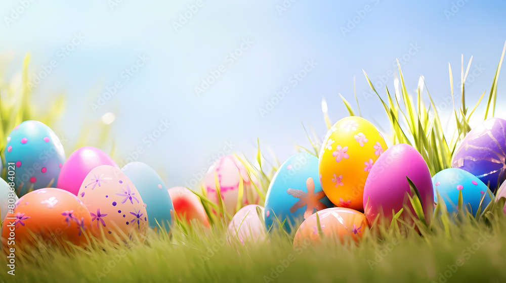 Colorful easter eggs on green grass