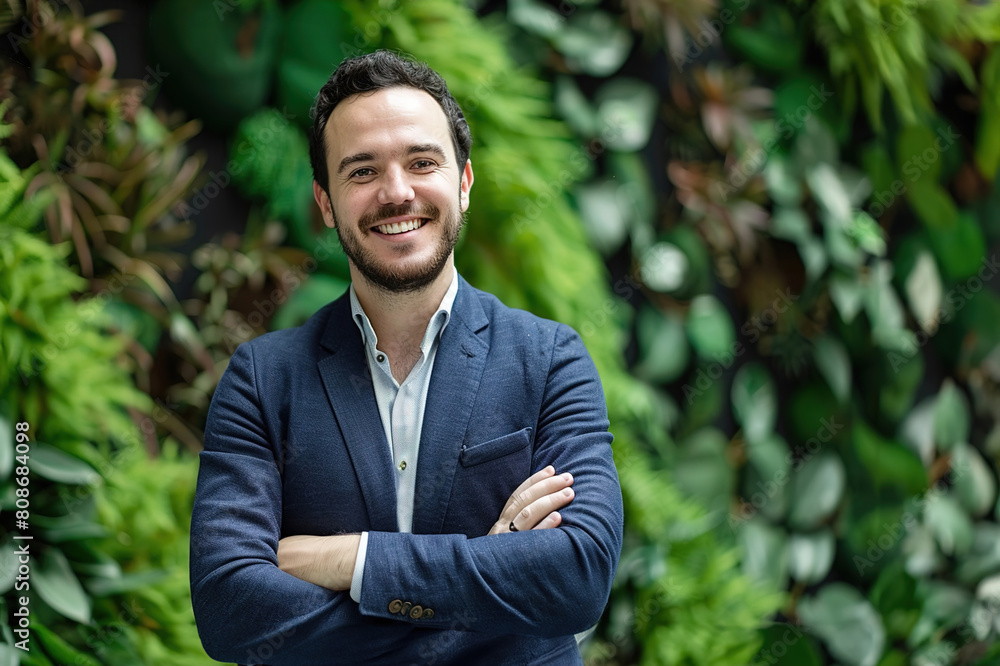 Men employee business portrait in a green office, environment, sustainability and nature Men employee business portrait in a green office, environment, sustainability and nature