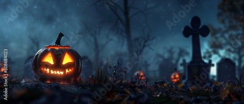 The dark night of Halloween, with Jack O Lanterns on gravestones. 3D rendering.