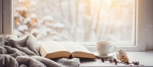 Cozy home breakfast concept featuring a coffee cup open book marshmallow and warm plaid resting on a winter window sill creating a tranquil atmosphere shortened Copy space image photo