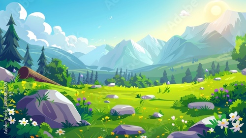 Landscape with meadows  trees  bushes and flowers on horizon. Landscape with lawns  stones  logs  bushes and flowers in the summer. Modern cartoon illustration.