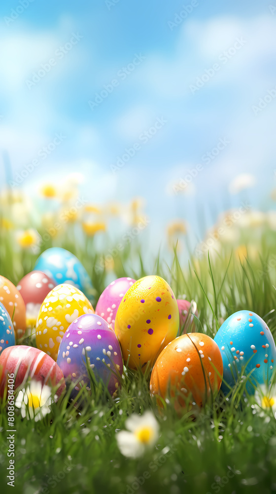 Colorful easter eggs on green grass