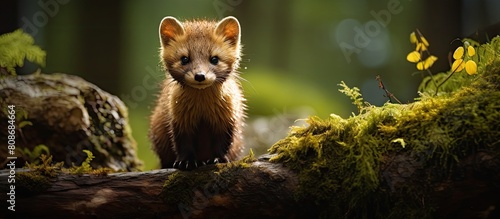 European Pine Marten also known as Marten Marten in a diligent pursuit for nourishment accompanied by a captivating copy space image photo