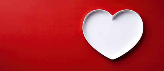 Top view of a heart shaped white plate on a red paper background with empty space for an image. Copy space image. Place for adding text and design