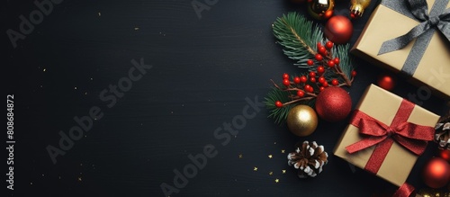 Top view of a festive Christmas background featuring a dark background adorned with a gift box decorations and ample copy space for text or images