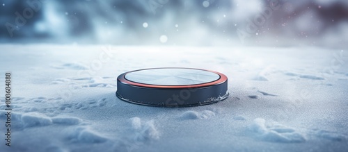 A hockey puck rests on the icy surface surrounded by a glistening layer of snow creating a picturesque copy space image