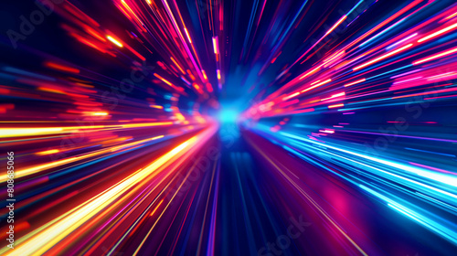 Vibrant image depicting high-speed motion through a tunnel of blue and red light streaks.