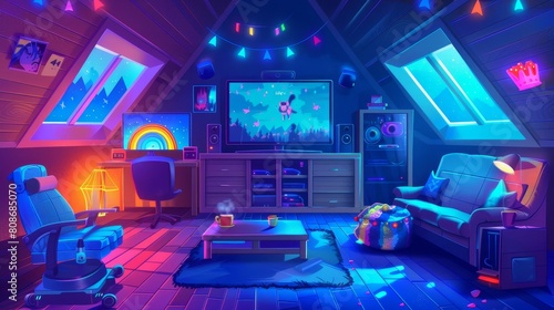 A teen girl s bedroom with gamer stuff on the shelves. TV set and gamepads  armchair  coffee cup  rainbow lamp  cartoon illustration  night interior  cartoon modern illustration.