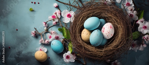 A spring themed greeting card with Easter eggs beautifully arranged in a nest creating a visually appealing copy space image