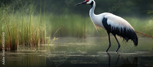 Marsh feeding red crowned crane found in the midst of a serene wetland captured in a copy space image