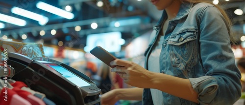 The woman at the counter is buying clothes at a clothing store and paying with her smartphone through a contactless NFC terminal. It is in a department store, shopping center, mall and she is paying photo