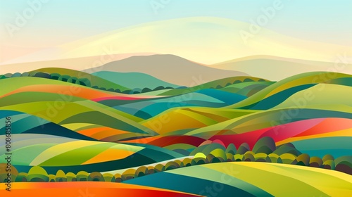 A countryside scene with rolling hills in a horizontal format for easy use as a backdrop  depicted in a digital image.