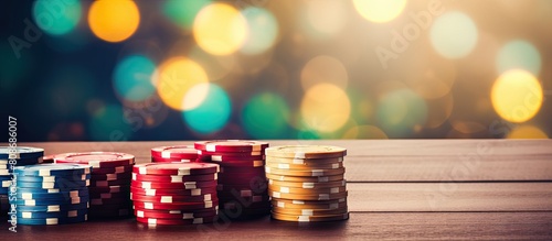 A variety of poker chips are scattered on a rustic wooden table creating an authentic poker atmosphere The background resembles a lively casino with a unique copy space image