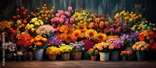 At the garden center there is a copy space image showcasing a vibrant arrangement of cut flowers for sale during the autumn season