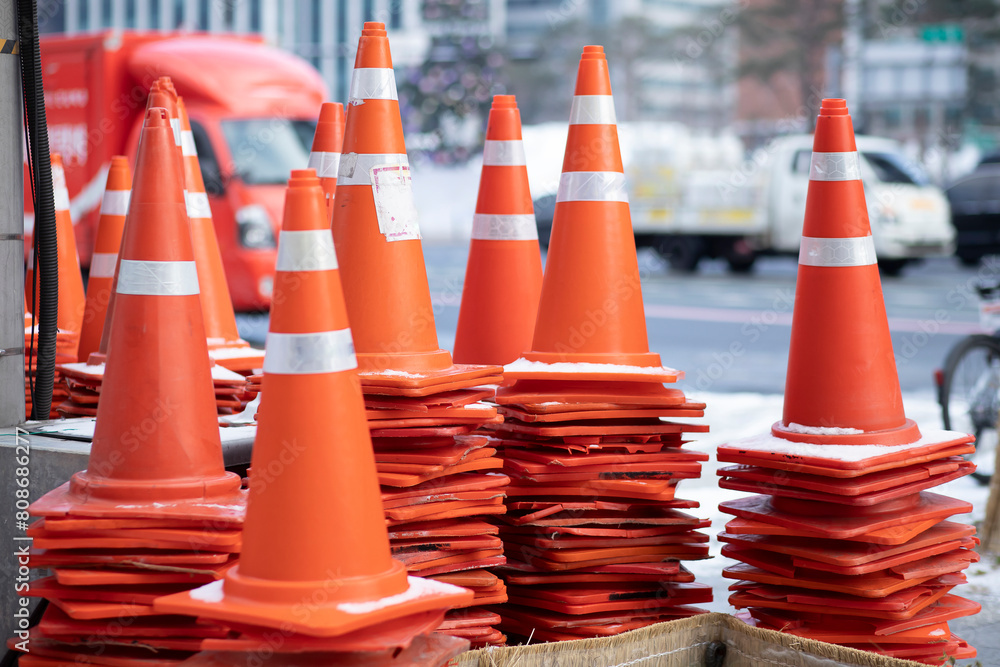 Fotografie Traffic cones on the road, Temporary objects and devices for restricting or regulating traffic