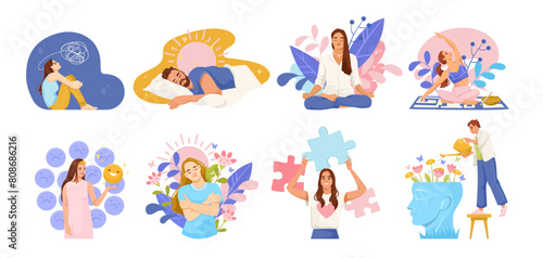 A series of vector illustrations depicting various concepts of wellness, self-care, and mental health, with people engaged in different activities on a white background. Vector illustration