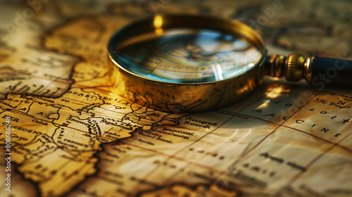 A magnifying glass rests on an ancient world map, evoking the theme of exploration and discovery.