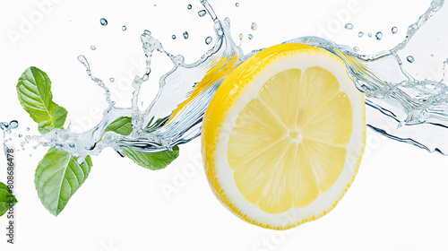 Citron, éclaboussure d'eau citronnée isolée sur fond blanc et feuillage de menthe volant  photo