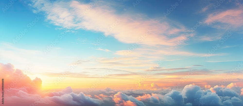 A panoramic view of the sky during sunset with ample space for adding images or text