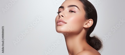 Copy space image of a stunning Latina woman with flawless skin gently touching her chin She stands alone on a white background embodying natural beauty while conveying notions of skincare facial trea photo