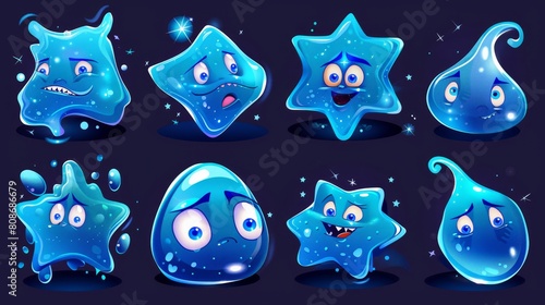 A blue supergiant star with different facial expressions. Icons with emotions of funny alien planets in outer space. A water drop character isolated on a black background, a modern cartoon set. photo