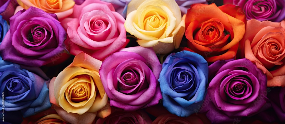 Vibrant roses in full bloom with fresh and lively colors. Copy space image. Place for adding text and design