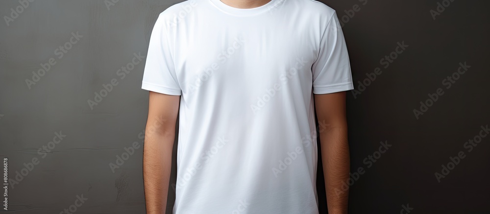 A young man wearing a blank white t shirt is featured in a close up photo providing ample copy space for design print A young man wearing a blank white t shirt is featured in a close up photo providing ample copy space for design print