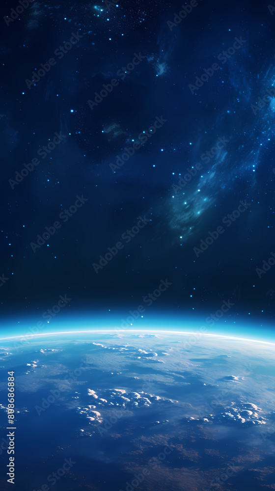 Earth planet glowing in space on starry sky background Earth planet glowing in space on starry sky background
