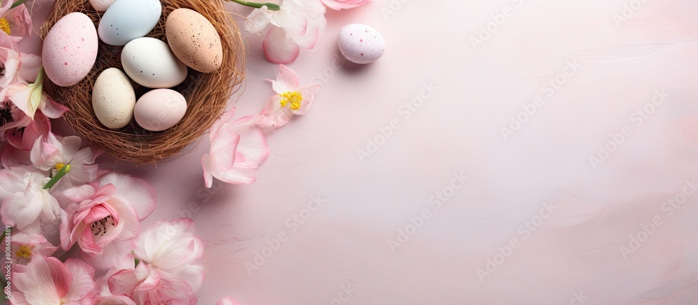 A top down view of a light pink background with a charming arrangement of napkins shaped like Happy Easter eggs a nest and an Easter bunny is displayed. Copy space image A top down view of a light pink background with a charming arrangement of napkins shaped like Happy Easter eggs a nest and an Easter bunny is displayed. Copy space image