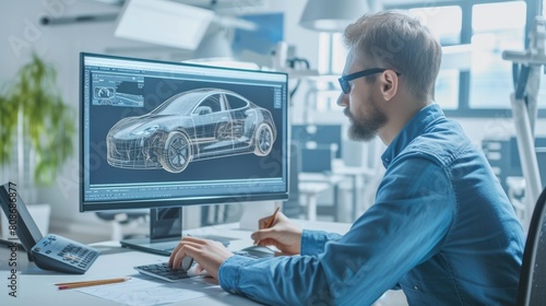A man, wearing glasses, is working at a table in a building, designing a car using a computer. He focuses on the car's hood and automotive tires, making precise gestures for automotive lighting. AIG41 photo