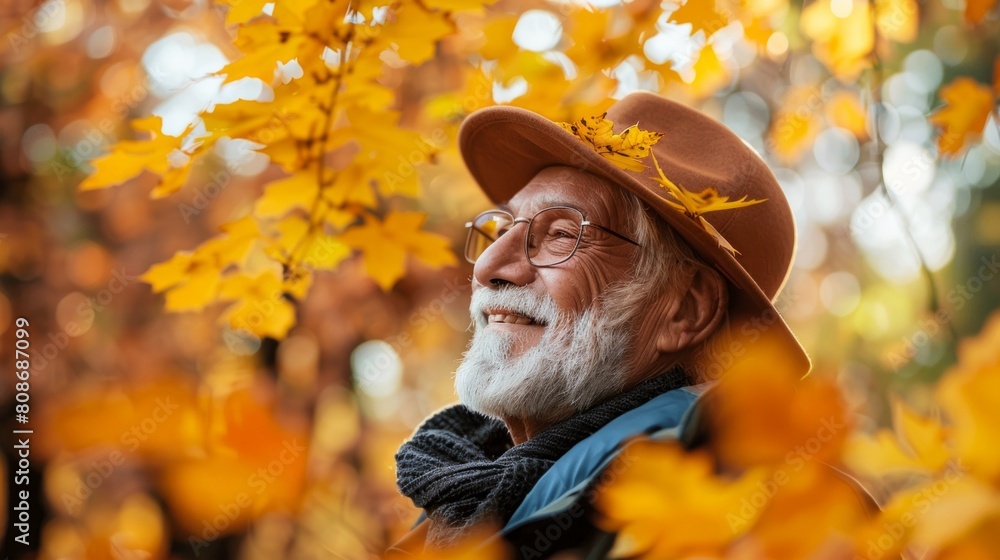 Portrait of happy positive mature man with broad smile in elegant clothes on an autumn walk in city park Portrait of happy positive mature man with broad smile in elegant clothes on an autumn walk in city park