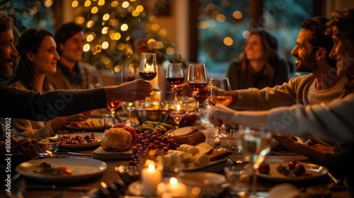 A group of friends and family raised glasses of red wine and champagne to celebrate the winter holidays, enjoying elegant and refined candlelit drinks and a memorable intimate dinner.