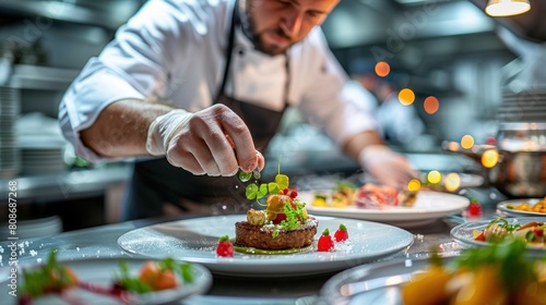 Chefs meticulously prepare meals on elegant plates and decorate them in premium restaurant kitchens with attention to detail to create a special occasion dining experience.