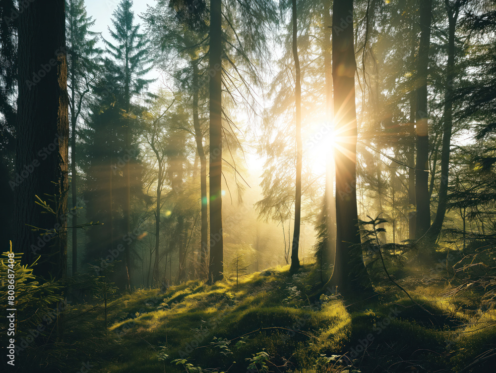 Naklejka premium Enchanting Sunrise Peeking Through Misty Forest Trees