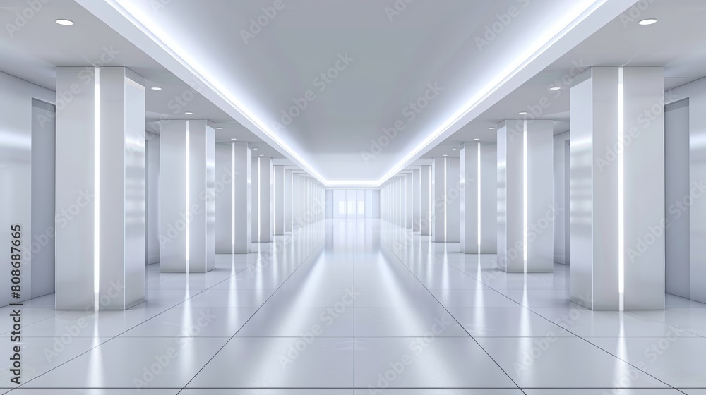 Empty space in museum or apartment. 3D render with blank white walls and illumination on ceiling. Art gallery exhibition hall background.