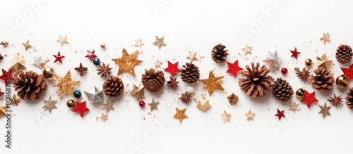 A top down view of a Christmas themed postcard mockup featuring a festive border of fir trees cones and stars confetti Placed on a white wooden background creating a copy space image for a holiday ca