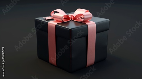Illustration in cartoon of a 3D render gift box with ribbon, isolated black package with pink glossy bow. Holiday surprise, bonus, prize, birthday, Christmas, new year, wedding present.