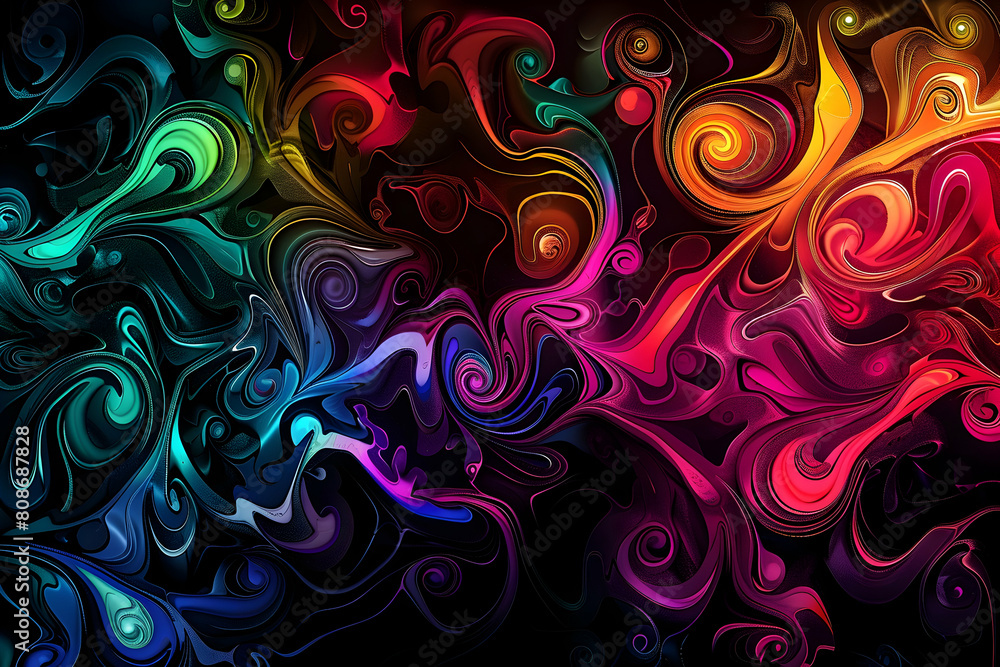 A digital art piece featuring an abstract pattern of swirling colors and shapes, reminiscent of psychedelic patterns or fractals, with each color representing different emotions like joy