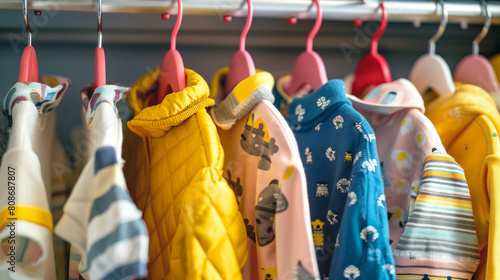 Kids clothes and accessories on hangers in a wardrobe.