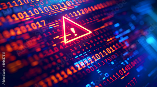 A digital alert icon over glowing binary code represents a cybersecurity threat or data breach.