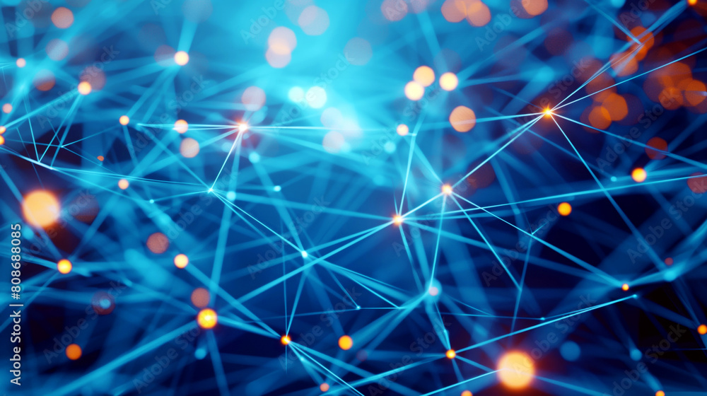 Fototapeta premium Abstract visualization of a digital network with connecting lines and glowing nodes in blue tones.