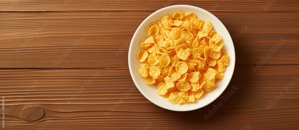 Top view of a ceramic plate with cornflakes on a wooden table representing the concept of healthy eating in a copy space image Top view of a ceramic plate with cornflakes on a wooden table representing the concept of healthy eating in a copy space image