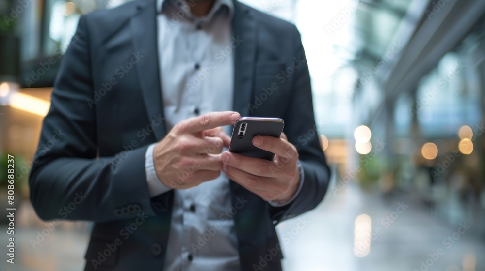A well-dressed businessman is using a smart phone against an urban background A well-dressed businessman is using a smart phone against an urban background