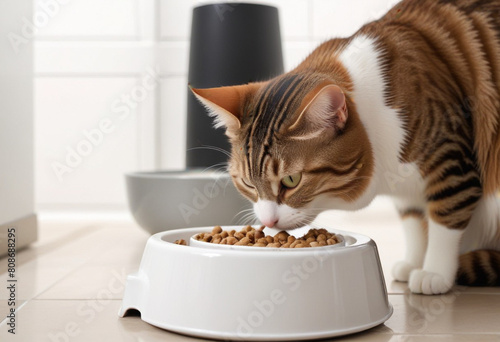 A-brown-and-white-tabby-cat-eating