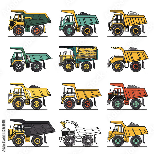 Set colorful dump trucks various designs. Industrial mining equipment loads illustrated. Heavy machinery construction, transportation theme