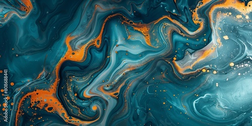 Luxurious Marbling Background. Paint Swirls in Beautiful Teal and Orange colors, with Gold Powder.