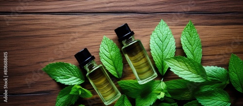 Top view of men s cosmetic bottles with mint leaves on a wooden background creating a visually appealing copy space image photo