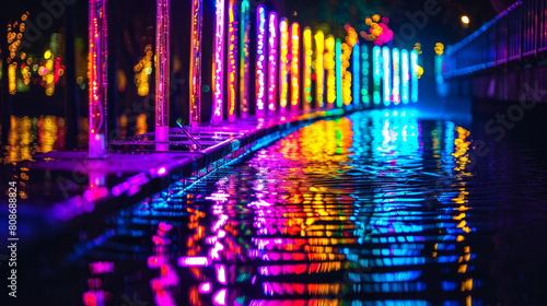 Neon lights shine brightly in the dark, reflecting off the water below. This creates a beautiful and eye-catching display that is perfect for exhibitions and events.