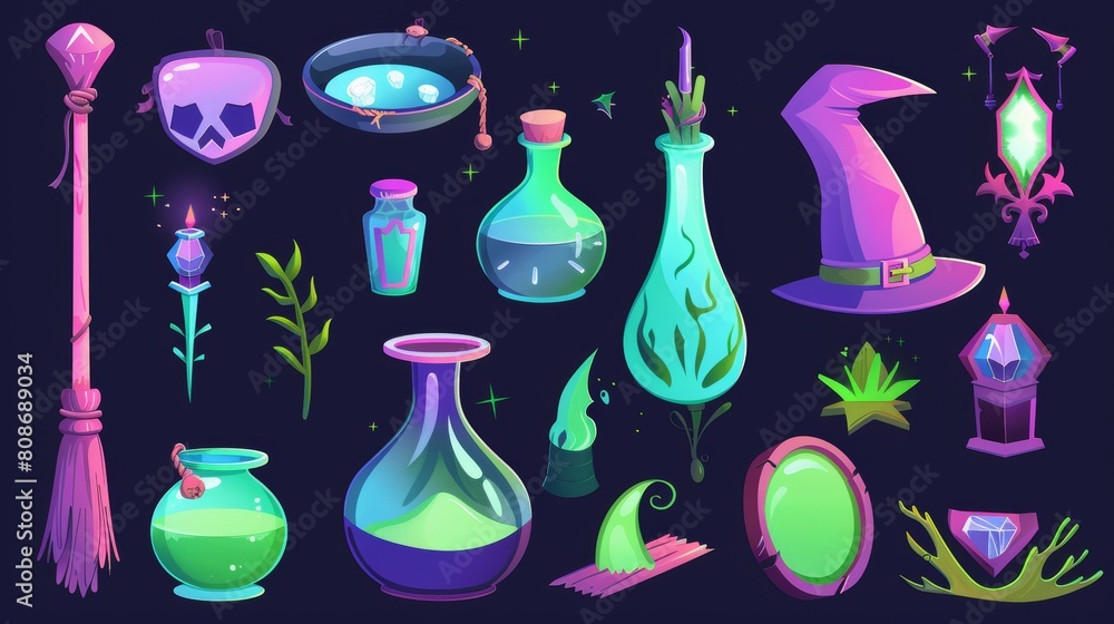 Cartoon modern illustration of magic potion in bottle, flying broomstick, wizard hat and enchanted mirror on dark background. Collection of fantasy game props. Cartoon modern illustration of magic potion in bottle, flying broomstick, wizard hat and enchanted mirror on dark background. Collection of fantasy game props.